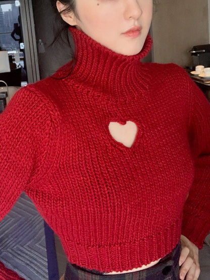 Cutout Heart Turtleneck Cropped Sweater