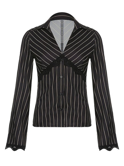 Lace Paneled Long Sleeve Striped Blouse