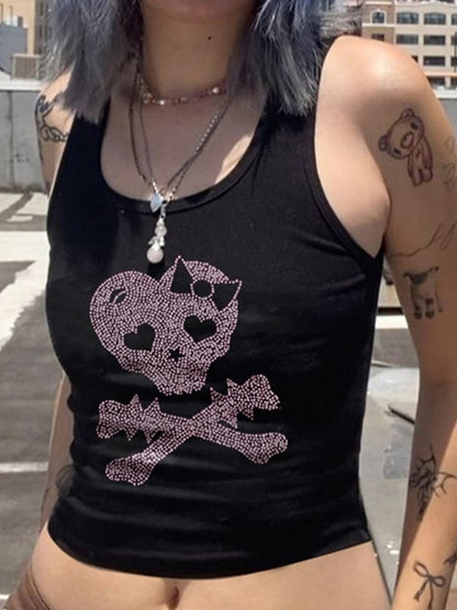 Skull Rhinestone Crop Tank Top