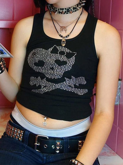 Skull Rhinestone Crop Tank Top