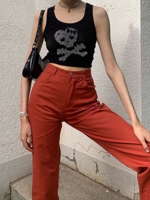 Skull Rhinestone Crop Tank Top