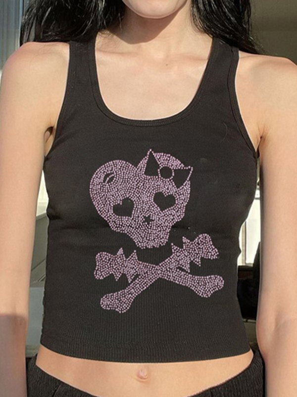Skull Rhinestone Crop Tank Top