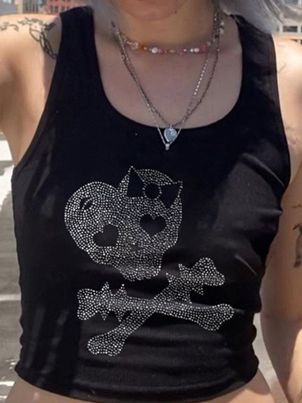 Skull Rhinestone Crop Tank Top