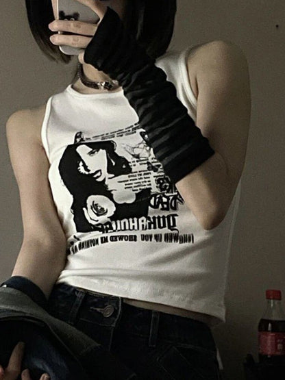 Gothic Punk Printed Rib Crop Tank Top