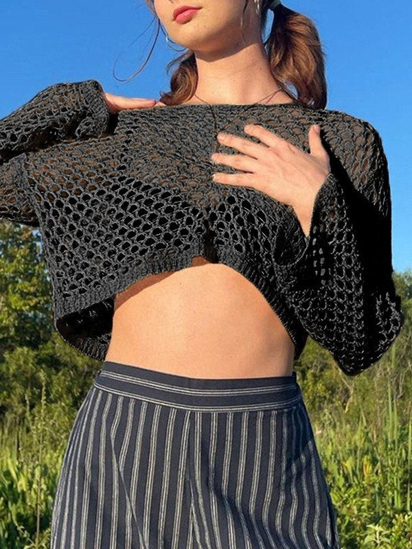 Hollow Out Crochet Knit Long Sleeve Crop Top