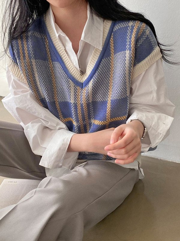 Vintage Checkered V Neck Sweater Vest
