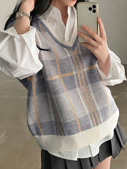 Vintage Checkered V Neck Sweater Vest