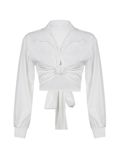 Knotted Tie Strap Cropped Long Sleeve Blouse