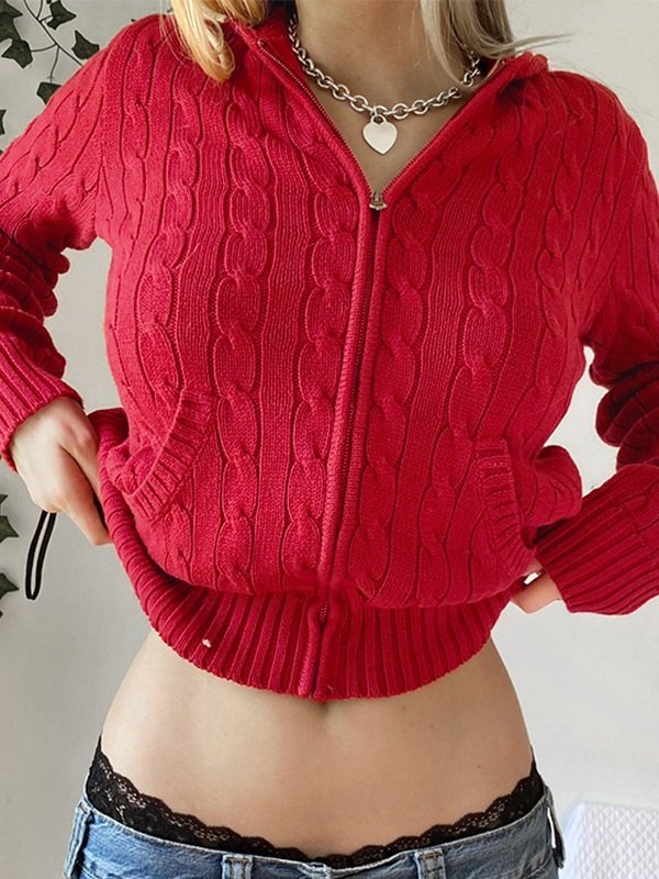 Cable Knit Zip Up Hooded Cardigan