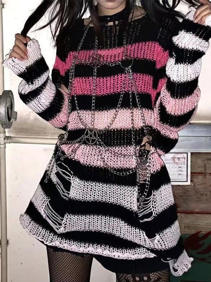Gradient Striped Distressed Knit Top