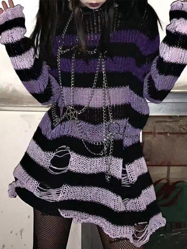 Gradient Striped Distressed Knit Top