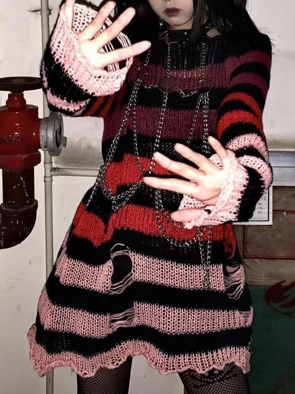 Gradient Striped Distressed Knit Top