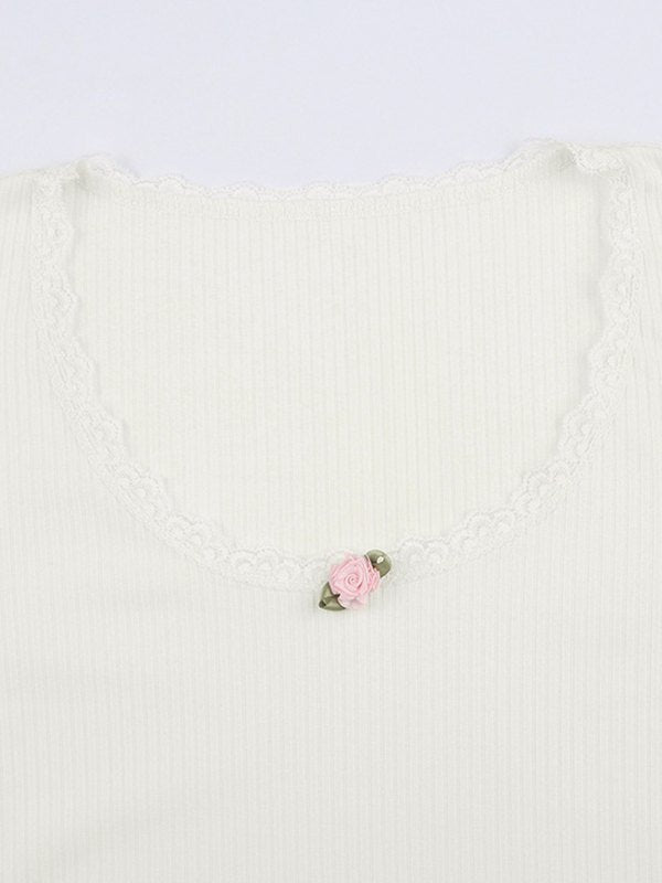 Lace Trim White Ribbed Knit Top