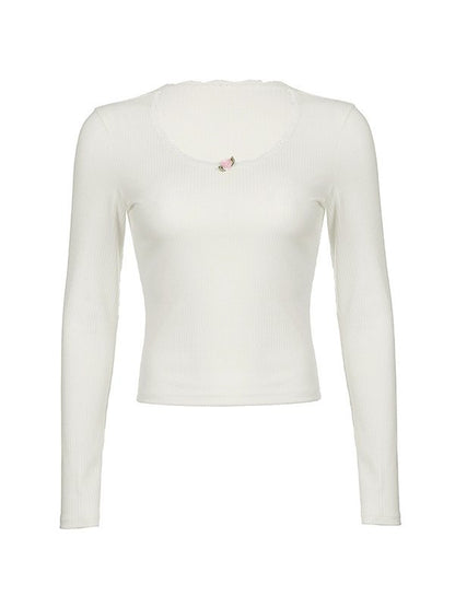 Lace Trim White Ribbed Knit Top