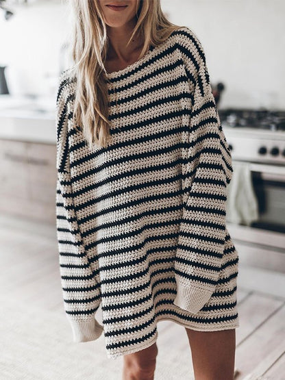 Slit Hem Oversize Striped Pullover Sweater