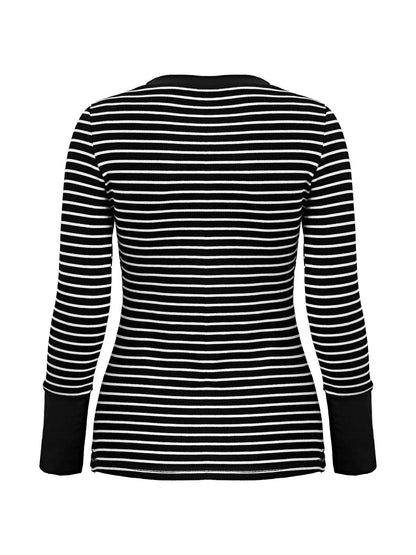 Vintage Striped Button Front Ribbed Knit Top
