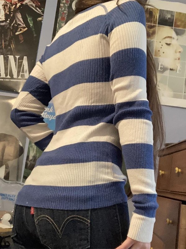 Blue Stripe Button Up Ribbed Knit Top