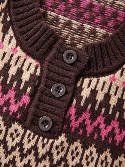 Button Front Jacquard Knitted Sweater