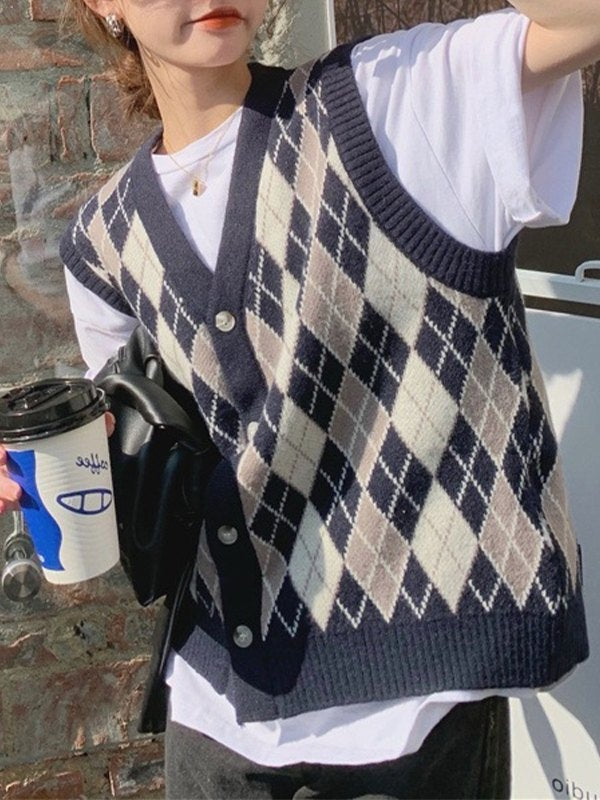 V Neck Button Front Argyle Sweater Vest
