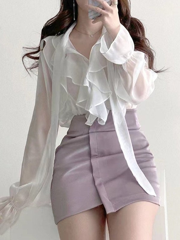 Ruffle Semi Sheer Long Sleeve Blouse