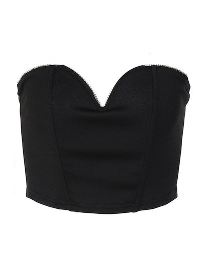 Rhinestone Trim Strapless Black Corset Top