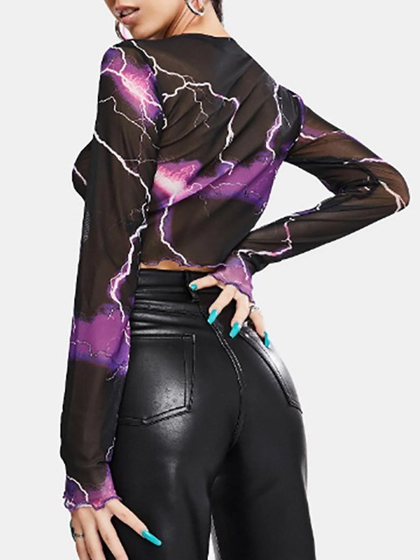 Mesh Long Sleeve Lightning Crop Top