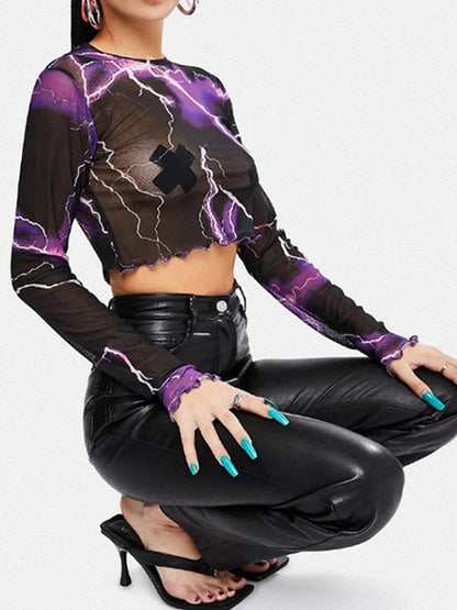 Mesh Long Sleeve Lightning Crop Top