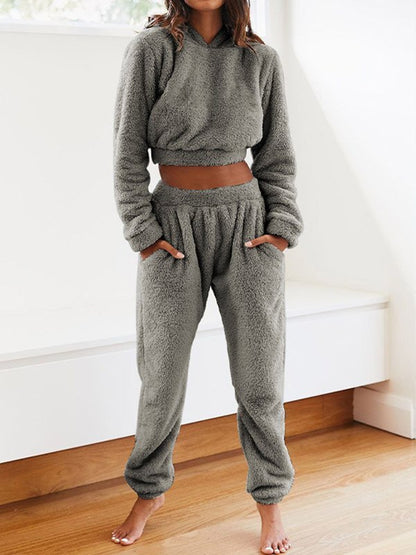 Solid Plush Hooded & Pocket Pants Set