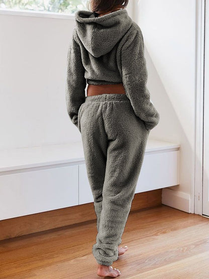 Solid Plush Hooded & Pocket Pants Set