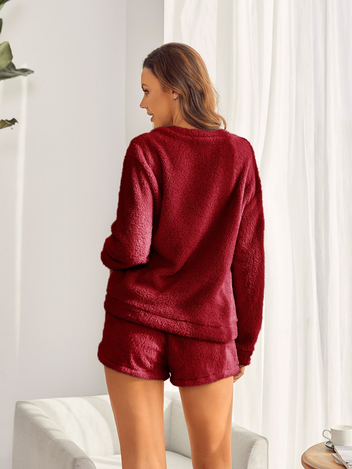 Solid Teddy Sweatshirt With Shorts Lounge Set