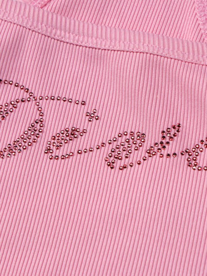 Rhinestone Letter Ribbed Cropped Tank Top