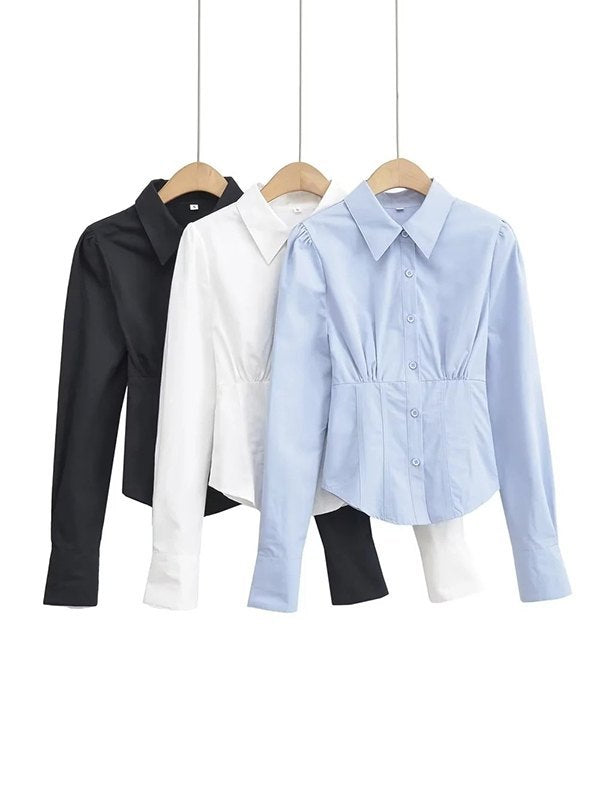 Pleated Button Down Long Sleeve Blouse