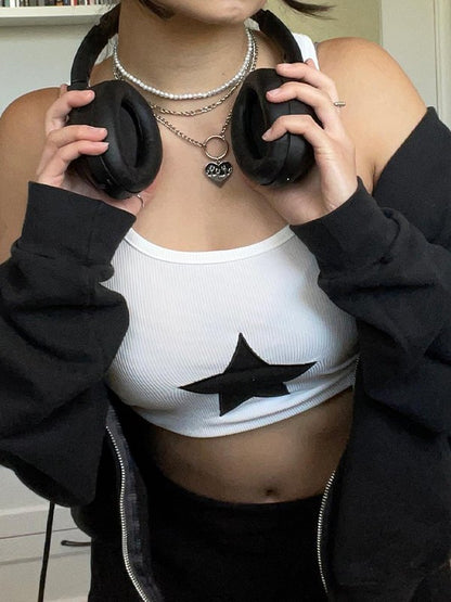 Star Embroidered Rib Cropped Tank Top