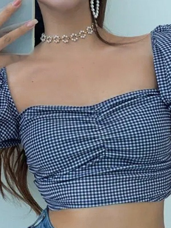 Backless Checkered Puff Sleeve Cropped Blouse
