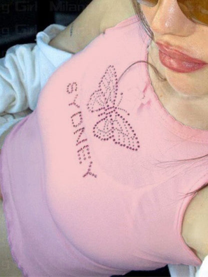 Rhinestone Butterfly Cropped Tank Top