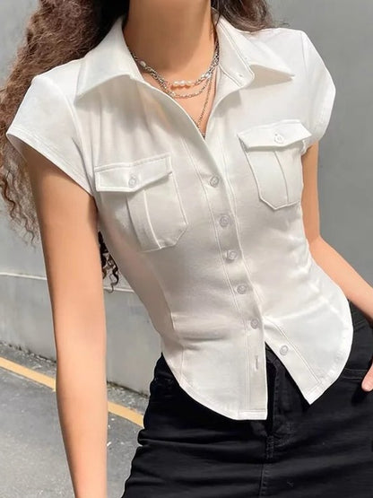 Front Pocket Buttoned Cropped Blouse