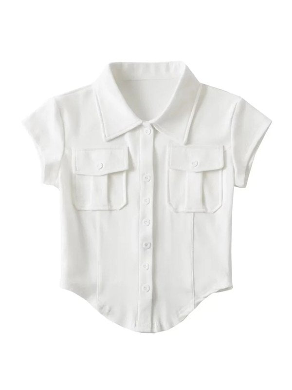 Front Pocket Buttoned Cropped Blouse