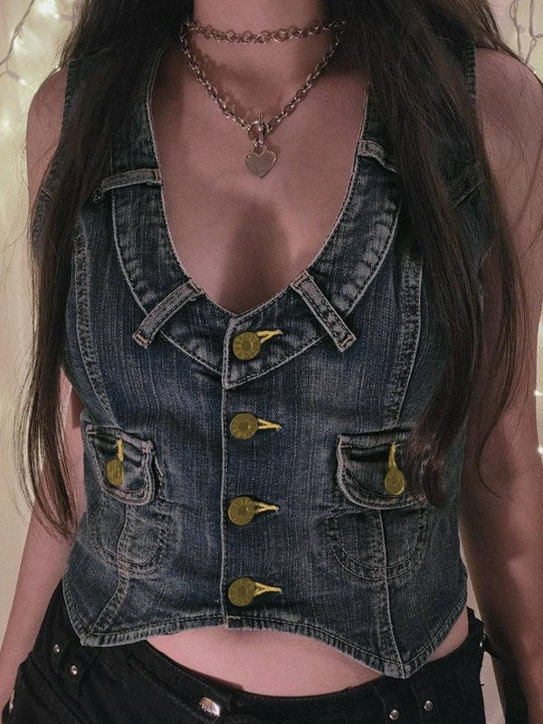 Cropped Button Up Denim Corset Top