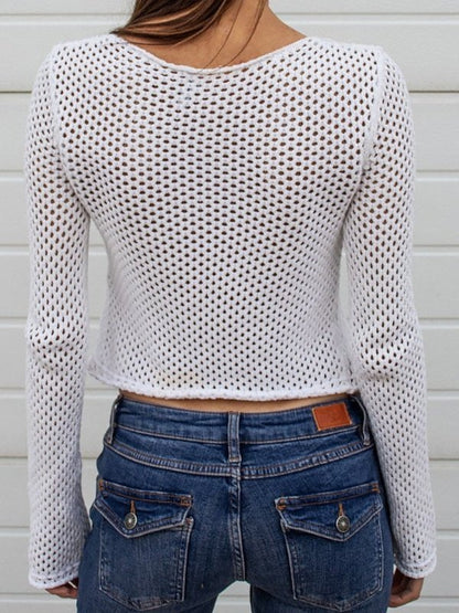 White Tie Front Open Knit Crop Top