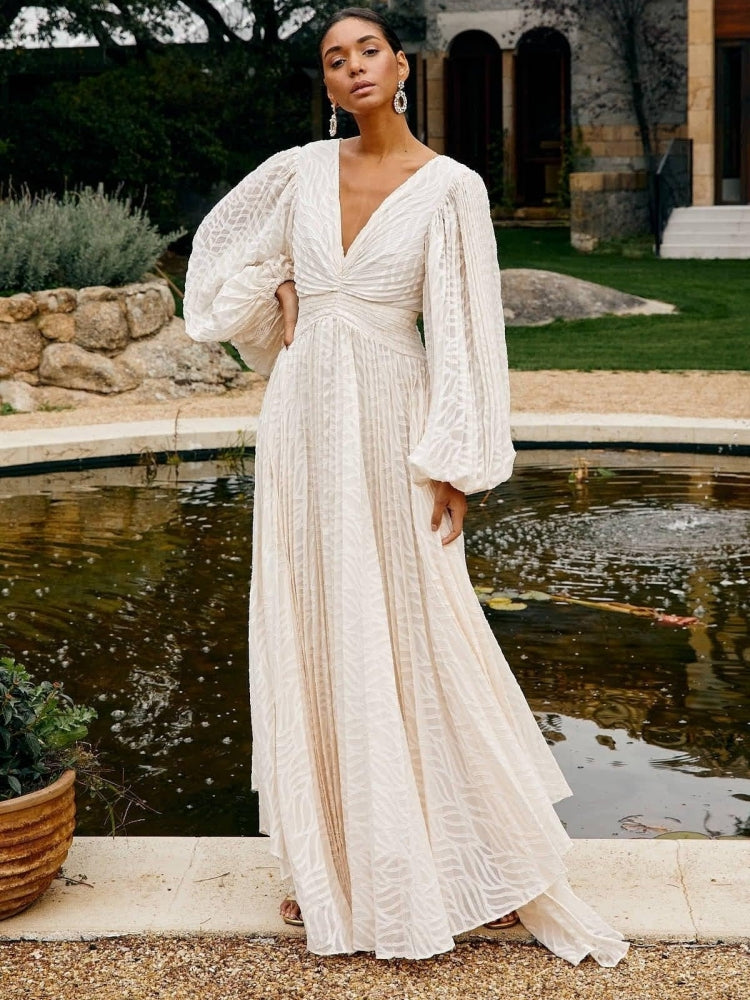 Deep V Neck Lantern Sleeve Burnout Jacquard Pleated Bodice Maxi Gown