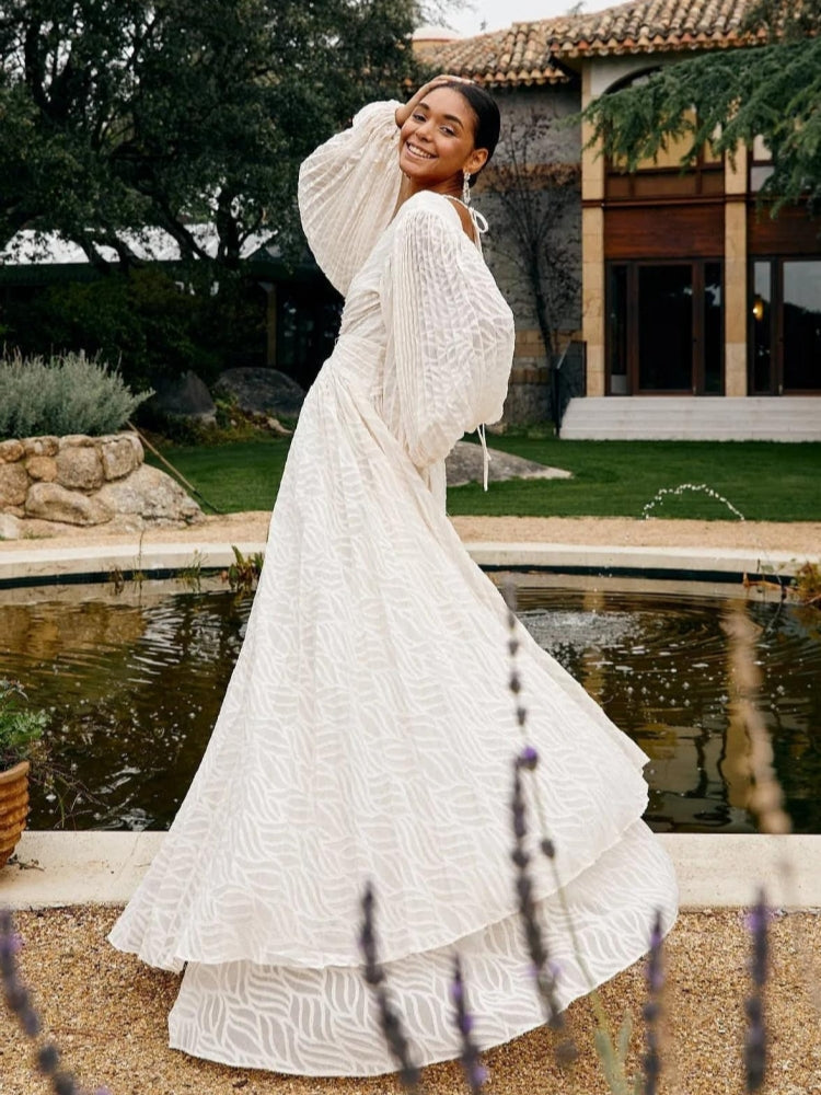 Deep V Neck Lantern Sleeve Burnout Jacquard Pleated Bodice Maxi Gown