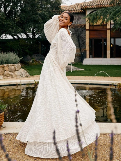 Deep V Neck Lantern Sleeve Burnout Jacquard Pleated Bodice Maxi Gown