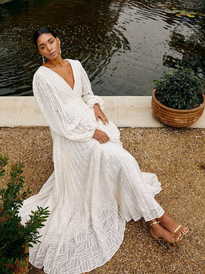 Deep V Neck Lantern Sleeve Burnout Jacquard Pleated Bodice Maxi Gown