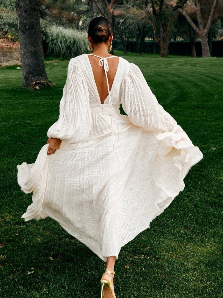 Deep V Neck Lantern Sleeve Burnout Jacquard Pleated Bodice Maxi Gown