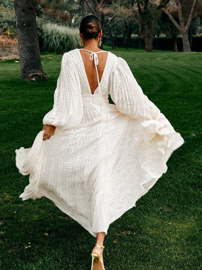 Deep V Neck Lantern Sleeve Burnout Jacquard Pleated Bodice Maxi Gown