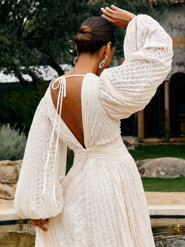 Deep V Neck Lantern Sleeve Burnout Jacquard Pleated Bodice Maxi Gown