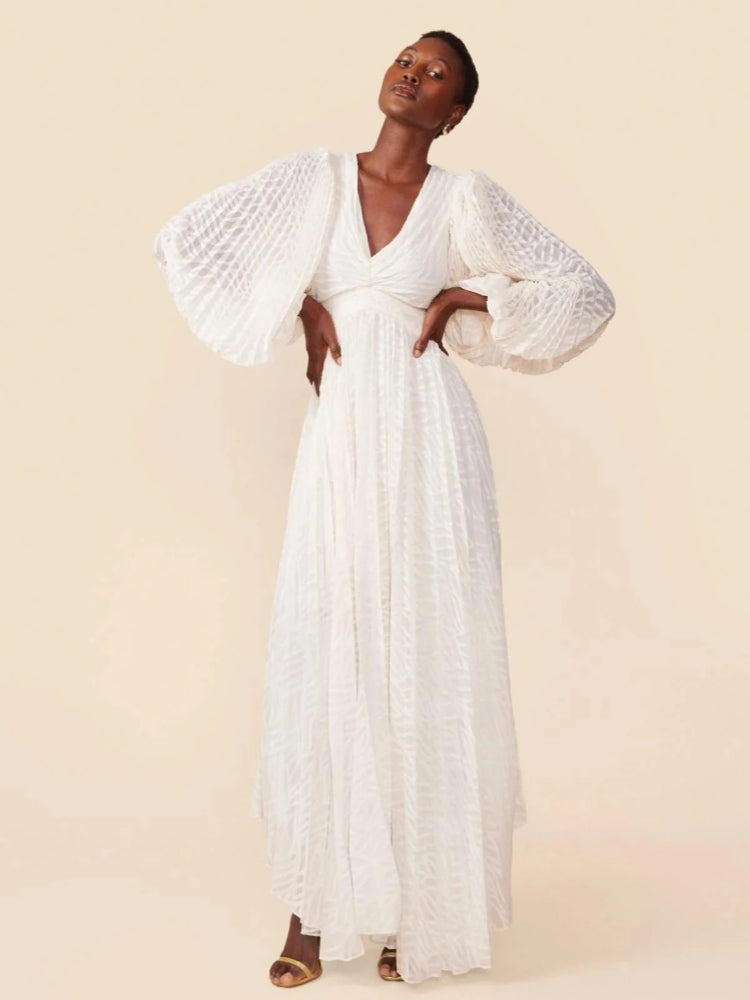 Deep V Neck Lantern Sleeve Burnout Jacquard Pleated Bodice Maxi Gown