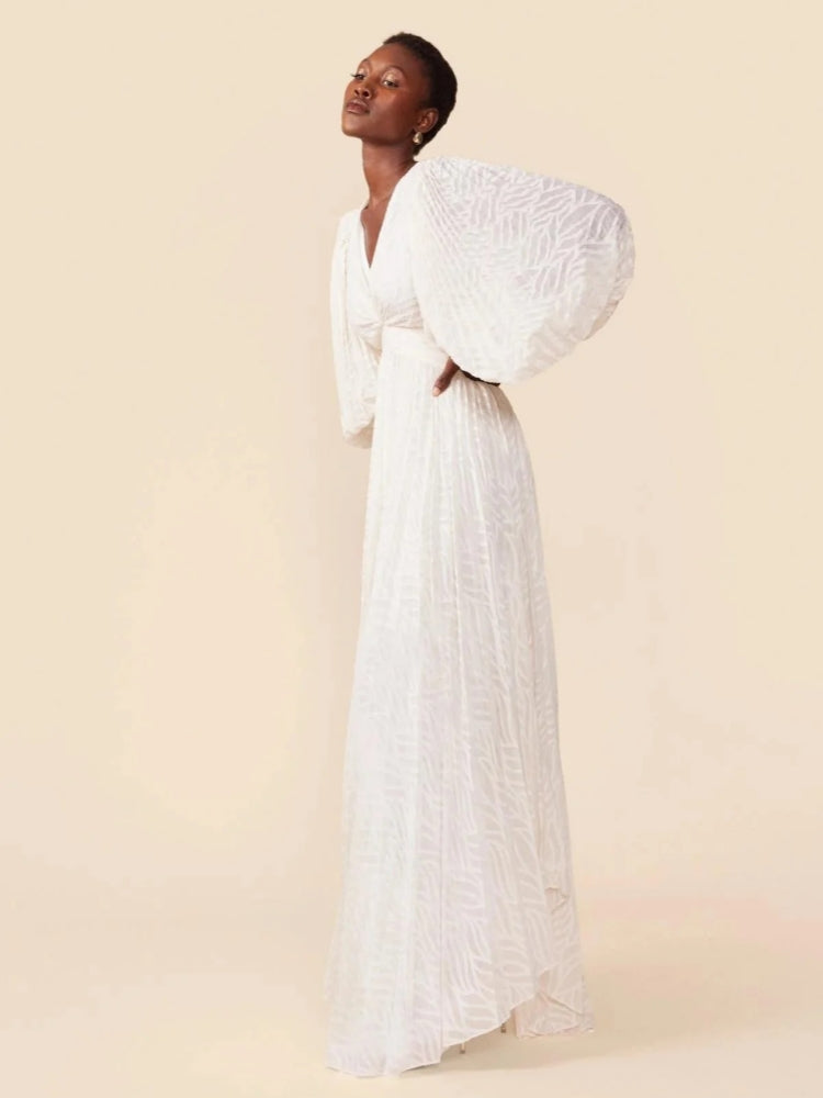 Deep V Neck Lantern Sleeve Burnout Jacquard Pleated Bodice Maxi Gown