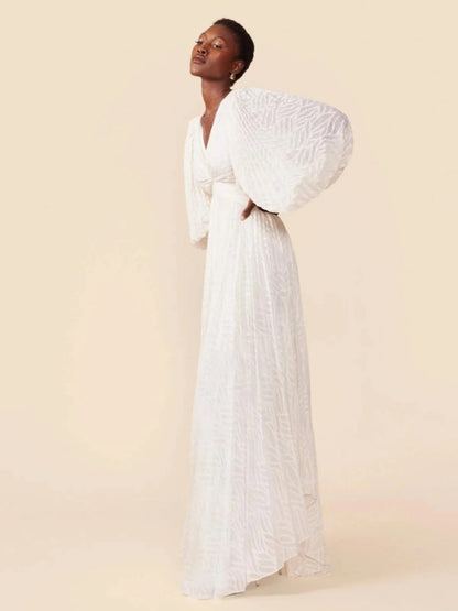 Deep V Neck Lantern Sleeve Burnout Jacquard Pleated Bodice Maxi Gown