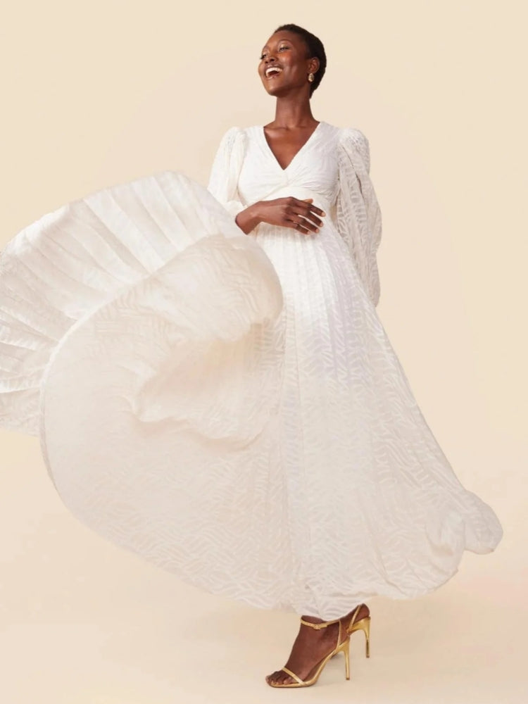 Deep V Neck Lantern Sleeve Burnout Jacquard Pleated Bodice Maxi Gown